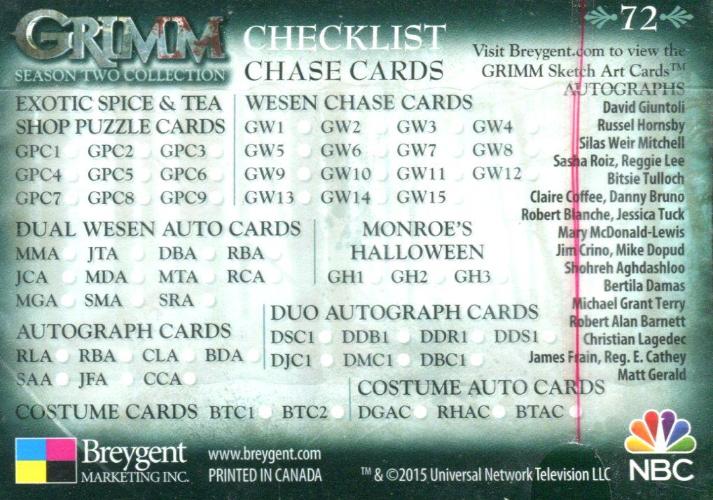 Grimm TV Show Season 2 Base Card Set 72 Cards Breygent 2015   - TvMovieCards.com
