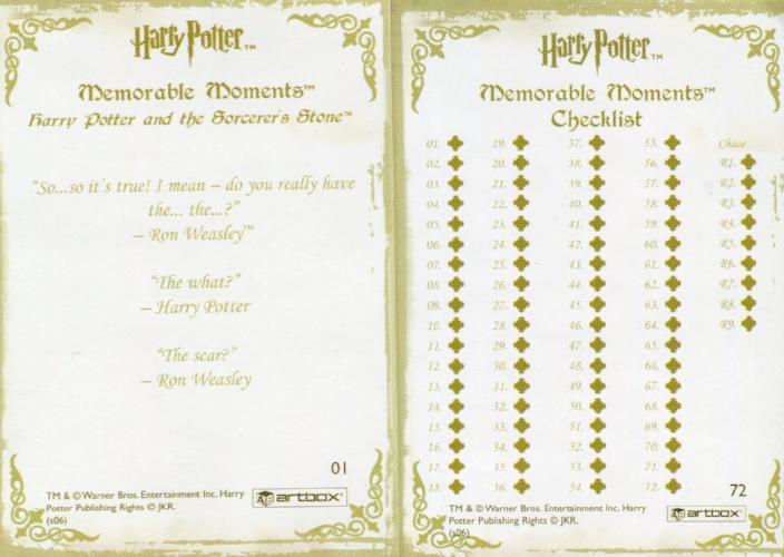 Harry Potter Memorable Moments 1 Base Trading Card Set 72 Cards   - TvMovieCards.com