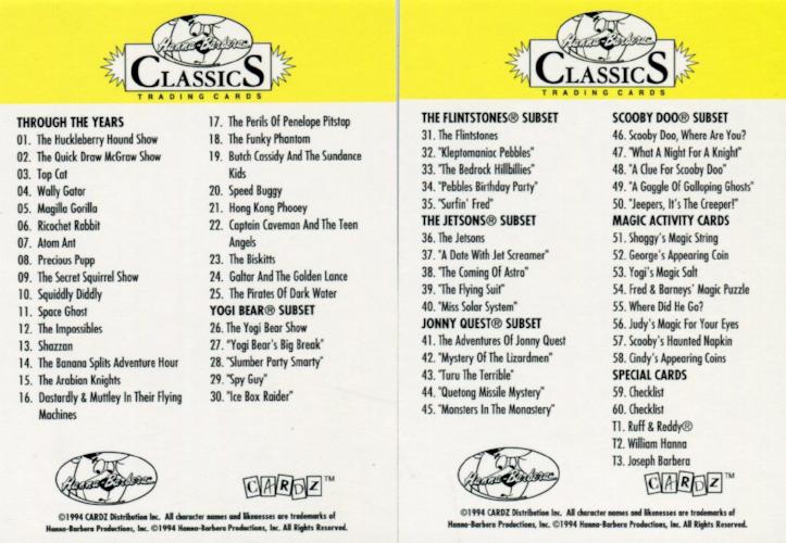 Hanna Barbera Classics Base Card Set 60 Cards Cardz 1994   - TvMovieCards.com