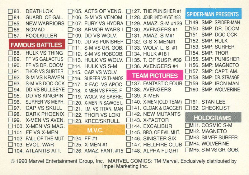Marvel Universe Series 1 One Base Trading Card Set 162 Cards Impel 1990   - TvMovieCards.com
