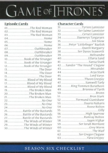 Game of Thrones Season 6 Trading Base Card Set of (100) 2017 Rittenhouse - TvMovieCards.com