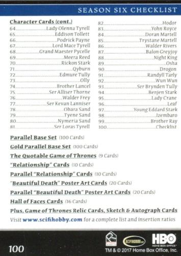 Game of Thrones Season 6 Trading Base Card Set of (100) 2017 Rittenhouse - TvMovieCards.com