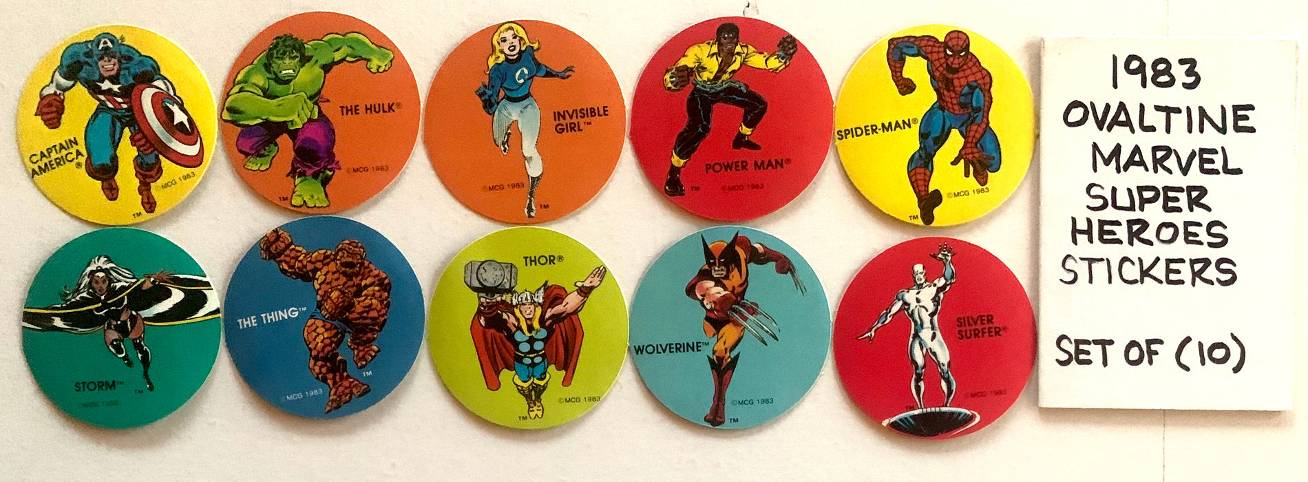 1983 Ovaltine Marvel Super Heroes - Complete Sticker Set of 10 (2-Inch Round ) - NM - TvMovieCards.com