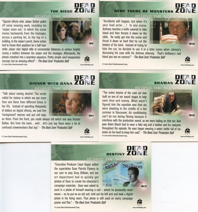 Dead Zone Seasons 1 & 2 Behind the Scenes Chase Card Set 13 Cards   - TvMovieCards.com