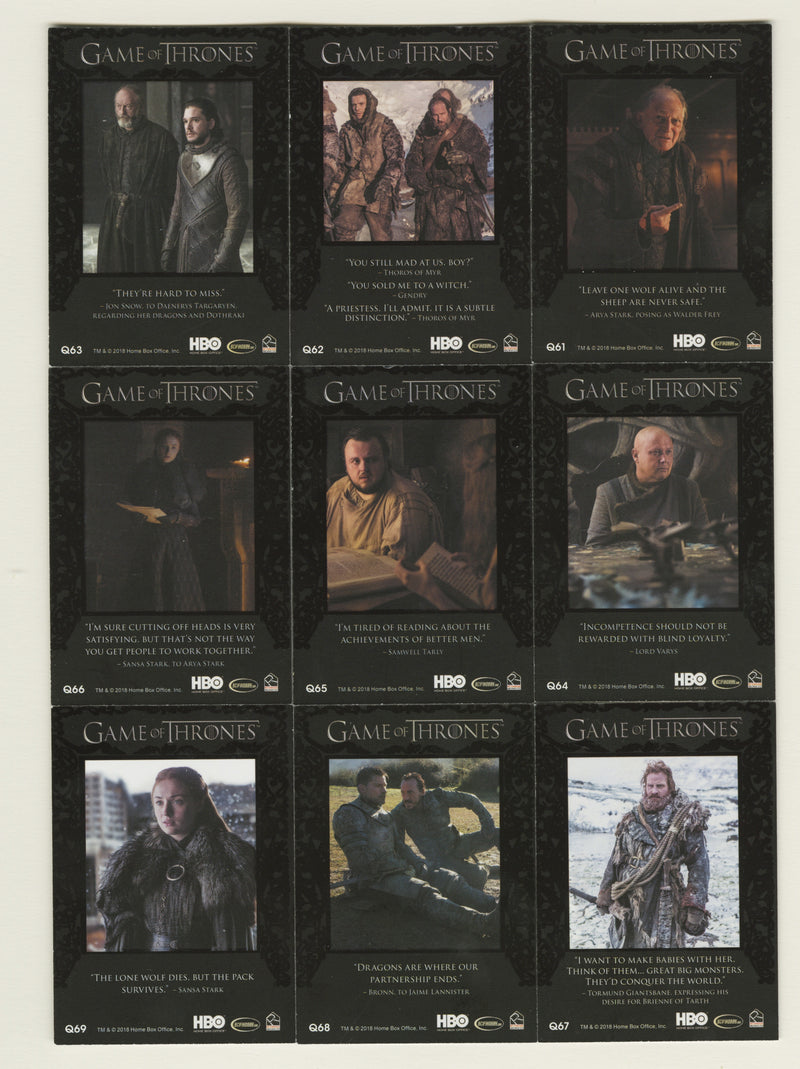 Game of Thrones Season 7 Quotable Chase Card Set 9 Cards Q60 - Q69 Rittenhouse 2 - TvMovieCards.com