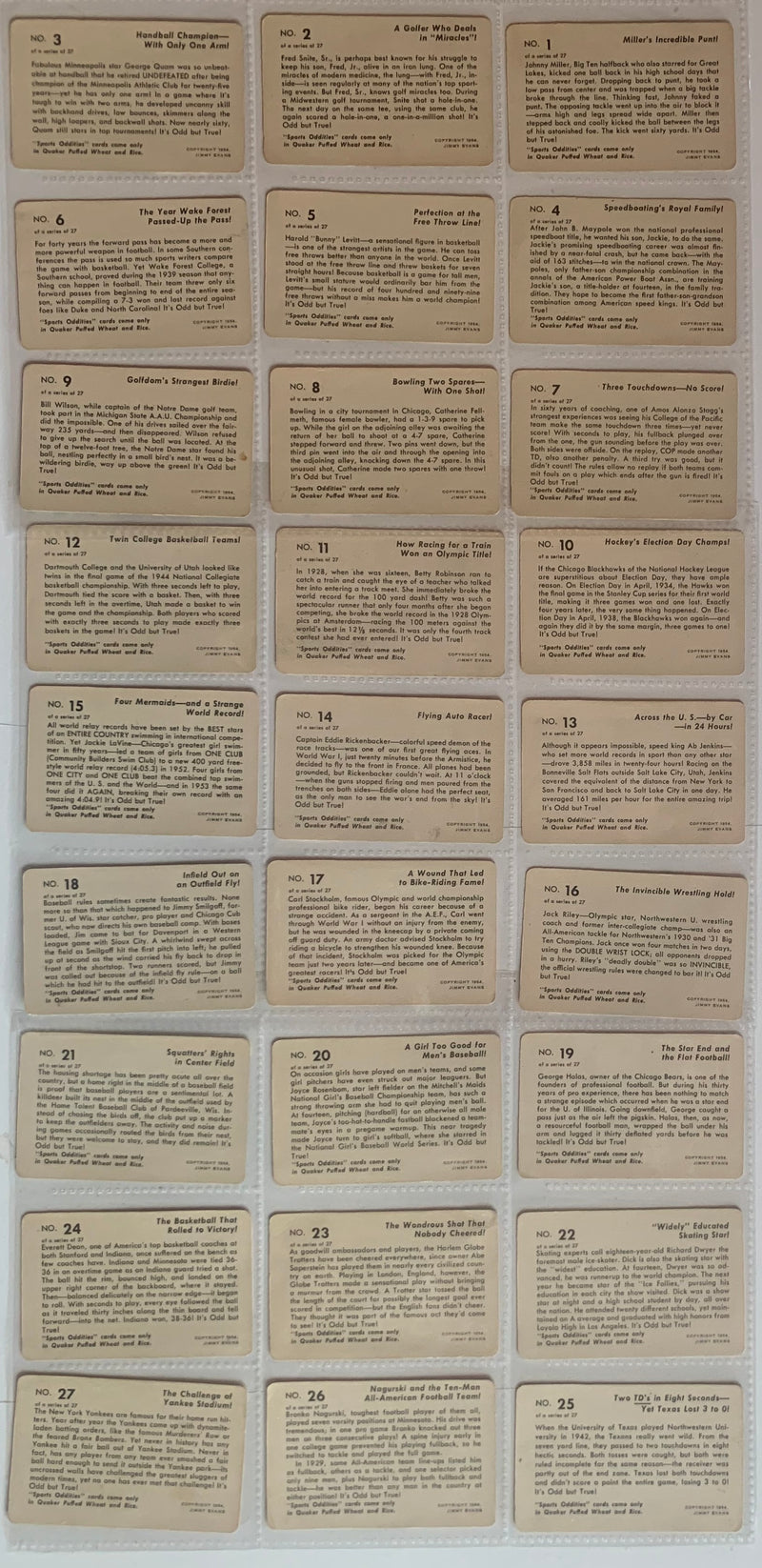 1954 Sports Oddities Quaker Oats Complete Trading Card Set of 27 Cards - TvMovieCards.com