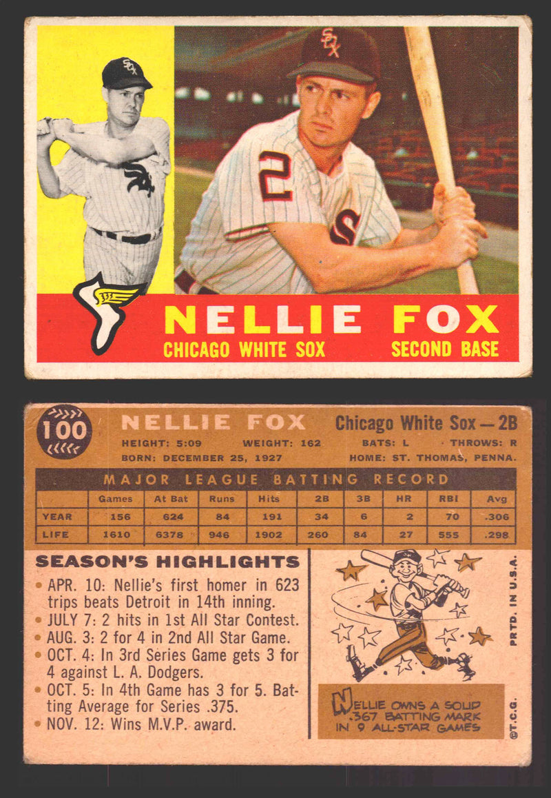 1960 Topps Baseball Trading Card You Pick Singles #1-#250 VG/EX 100 - Nellie Fox  - TvMovieCards.com