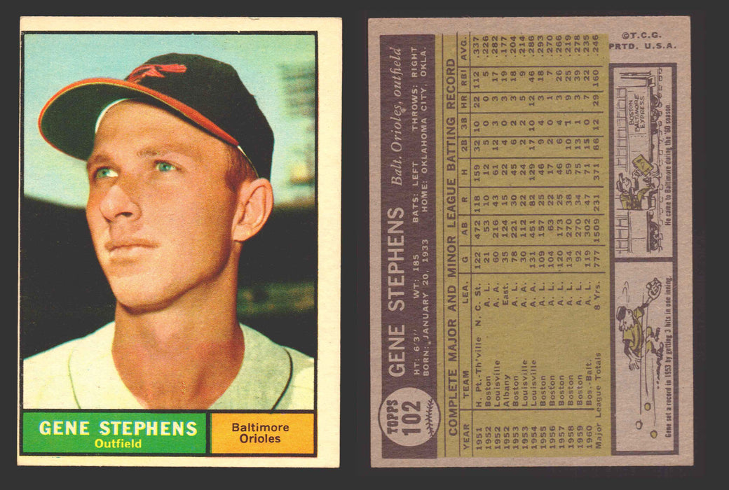 1961 Topps Baseball Trading Card You Pick Singles #100-#199 VG/EX #	102 Gene Stephens - Baltimore Orioles  - TvMovieCards.com