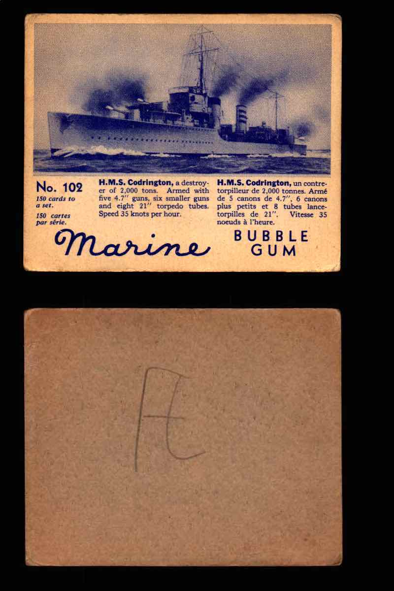 1944 Marine Bubble Gum World Wide V403-1 Vintage Trading Card #1-120 Singles #102 H.M.S. Codrington  - TvMovieCards.com