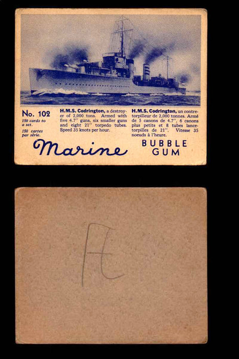 1944 Marine Bubble Gum World Wide V403-1 Vintage Trading Card #1-120 Singles #102 H.M.S. Codrington  - TvMovieCards.com