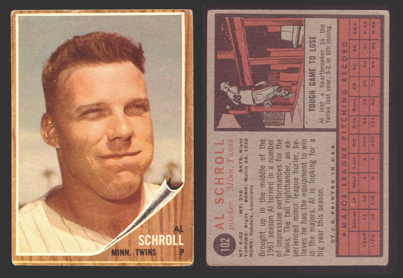 1962 Topps Baseball Trading Card You Pick Singles #100-#199 VG/EX #	102 Al Schroll - Minnesota Twins  - TvMovieCards.com