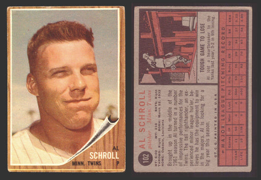 1962 Topps Baseball Trading Card You Pick Singles #100-#199 VG/EX #	102 Al Schroll - Minnesota Twins  - TvMovieCards.com