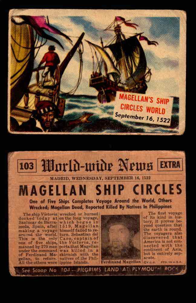 1954 Scoop Newspaper Series 2 Topps Vintage Trading Cards U Pick Singles #78-156 103   Magellan's Ship Circles World  - TvMovieCards.com