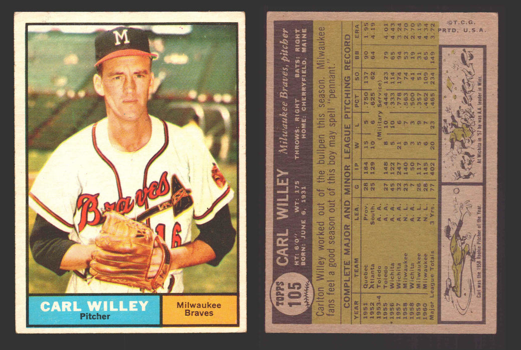 1961 Topps Baseball Trading Card You Pick Singles #100-#199 VG/EX #	105 Carl Willey - Milwaukee Braves  - TvMovieCards.com
