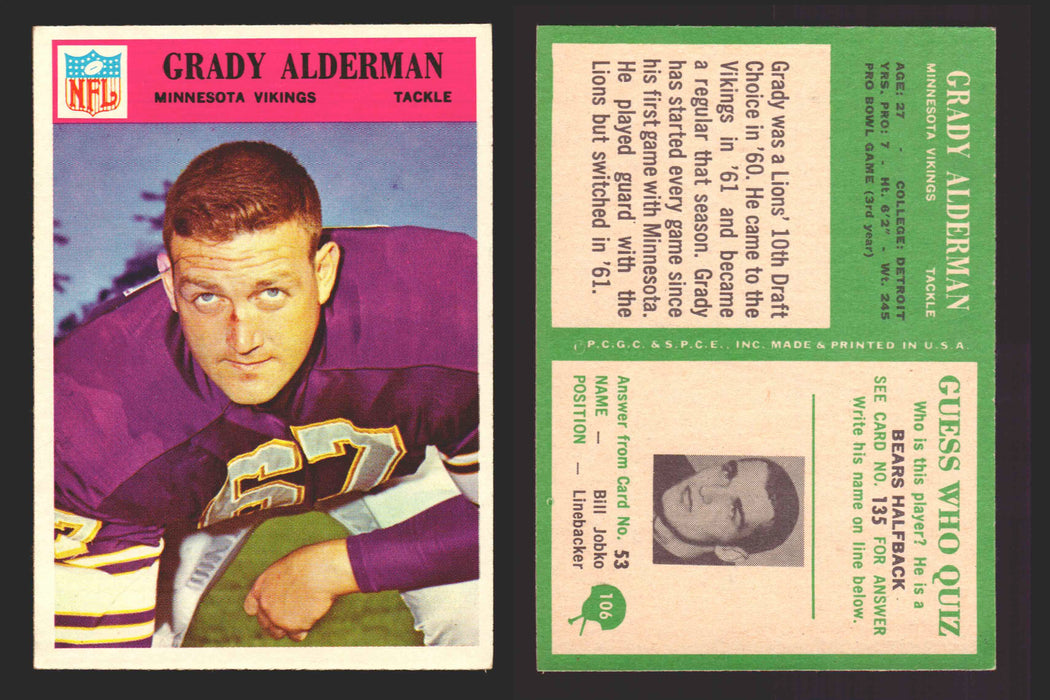 1966 Philadelphia Football NFL Trading Card You Pick Singles #100-196 VG/EX 106 Grady Alderman - Minnesota Vikings  - TvMovieCards.com