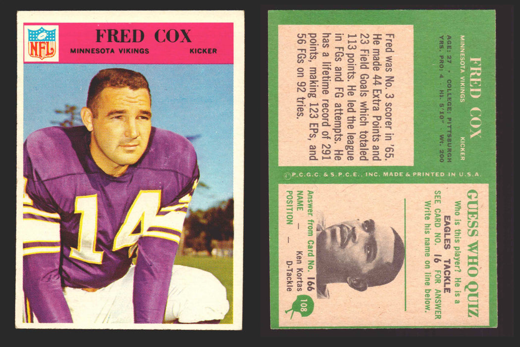 1966 Philadelphia Football NFL Trading Card You Pick Singles #100-196 VG/EX 108 Fred Cox - Minnesota Vikings  - TvMovieCards.com