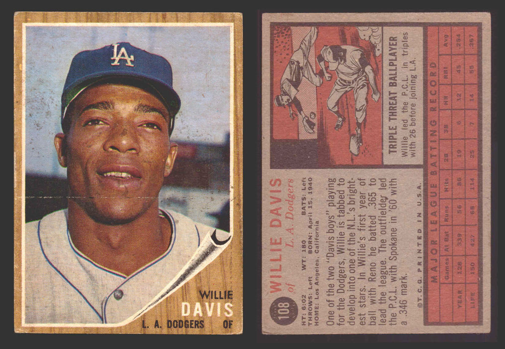 1962 Topps Baseball Trading Card You Pick Singles #100-#199 VG/EX #	108 Willie Davis - Los Angeles Dodgers  - TvMovieCards.com