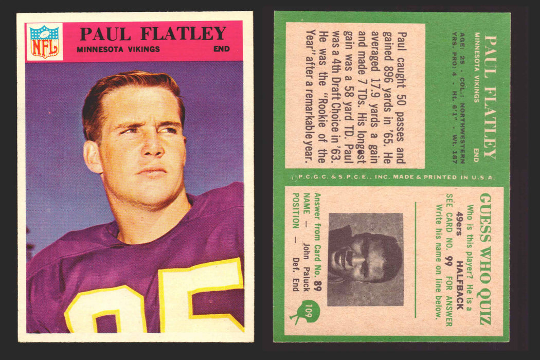 1966 Philadelphia Football NFL Trading Card You Pick Singles #100-196 VG/EX 109 Paul Flatley - Minnesota Vikings  - TvMovieCards.com