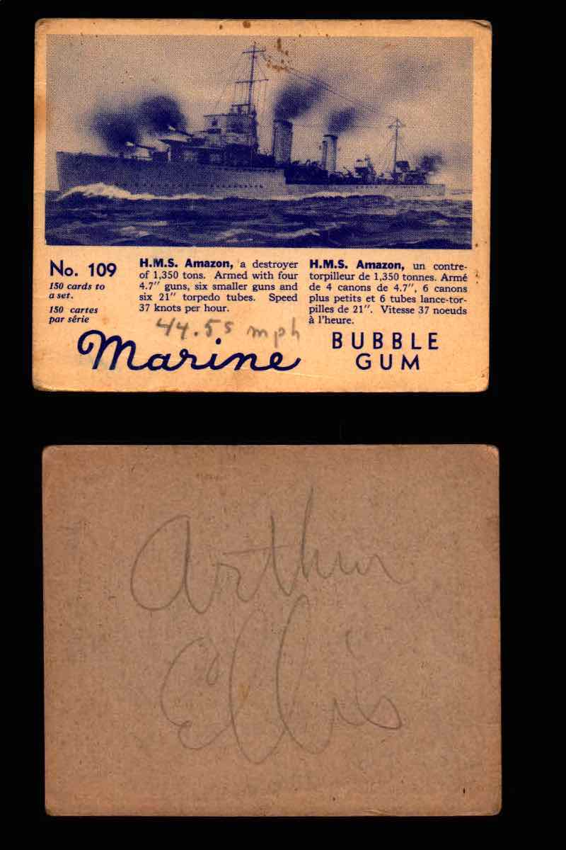1944 Marine Bubble Gum World Wide V403-1 Vintage Trading Card #1-120 Singles #109 H.M.S. Amazon  - TvMovieCards.com