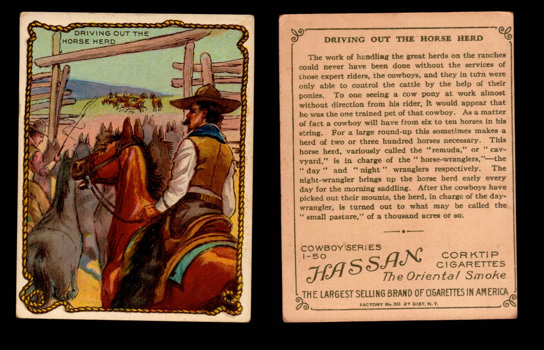 1909 T53 Hassan Cigarettes Cowboy Series #1-50 Trading Cards Singles #10 Driving Out The Horse Herd  - TvMovieCards.com