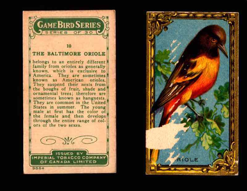 1910 Game Bird Series C14 Imperial Tobacco Vintage Trading Cards Singles #1-30 #10 The Baltimore Oriole  - TvMovieCards.com