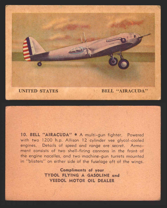 1940 Tydol Aeroplanes Flying A Gasoline You Pick Single Trading Card #1-40 #	10	Bell “Airacuda”  - TvMovieCards.com