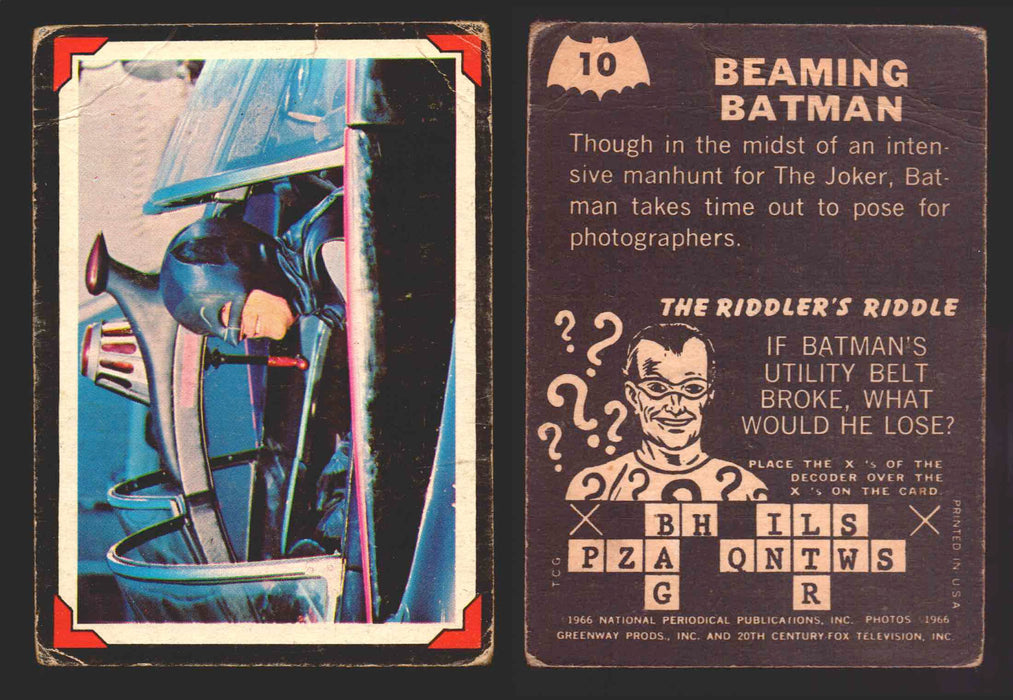 Batman Riddler Back Vintage Trading Card You Pick Singles #1-#38 Topps 1966 #	 10   Beaming Batman  - TvMovieCards.com