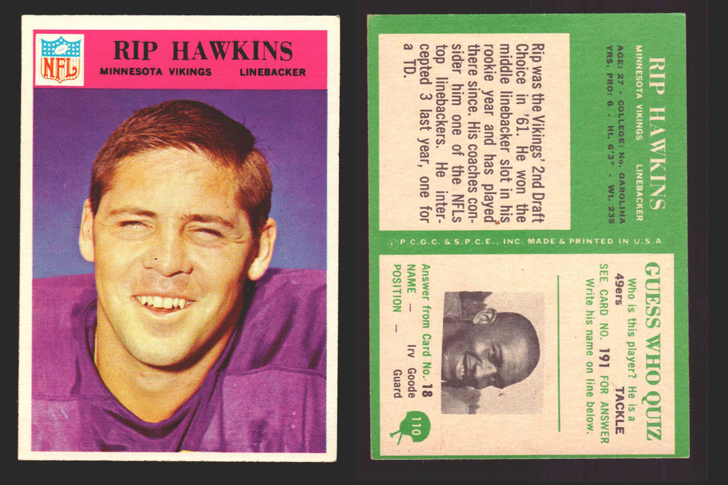 1966 Philadelphia Football NFL Trading Card You Pick Singles #100-196 VG/EX 110 Rip Hawkins - Minnesota Vikings  - TvMovieCards.com