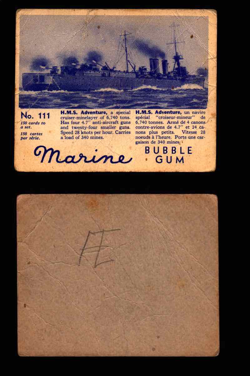 1944 Marine Bubble Gum World Wide V403-1 Vintage Trading Card #1-120 Singles #111 H.M.S. Adventure  - TvMovieCards.com