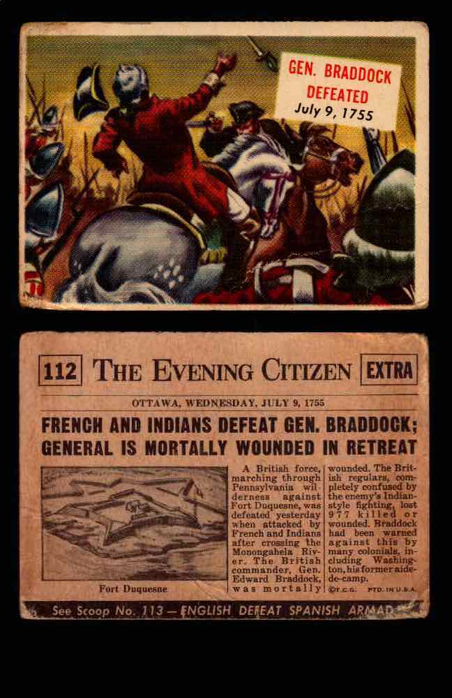 1954 Scoop Newspaper Series 2 Topps Vintage Trading Cards U Pick Singles #78-156 112   General Braddock Defeated  - TvMovieCards.com