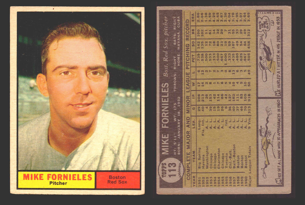 1961 Topps Baseball Trading Card You Pick Singles #100-#199 VG/EX #	113 Mike Fornieles - Boston Red Sox  - TvMovieCards.com