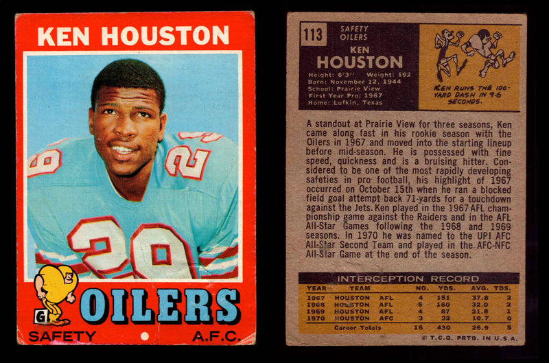 1971 Topps Football Trading Card You Pick Singles #1-#263 G/VG/EX #	113	Ken Houston (R) (HOF)(creased)  - TvMovieCards.com