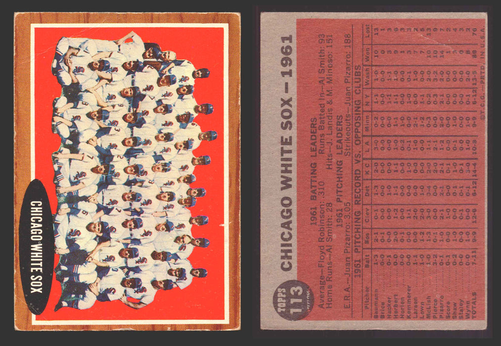 1962 Topps Baseball Trading Card You Pick Singles #100-#199 VG/EX #	113 Chicago White Sox Team (creased)  - TvMovieCards.com