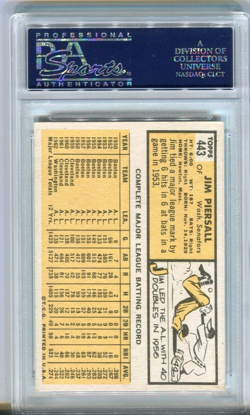 1963 Topps Baseball Card #443 Jim Piersall Washington Senators PSA 4 VG-EX   - TvMovieCards.com