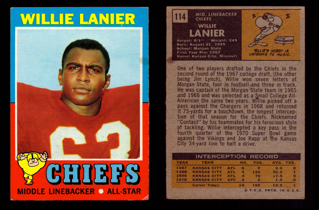 1971 Topps Football Trading Card You Pick Singles #1-#263 G/VG/EX #	114	Willie Lanier (R) (HOF)  - TvMovieCards.com