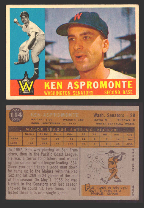 1960 Topps Baseball Trading Card You Pick Singles #1-#250 VG/EX 114 - Ken Aspromonte  - TvMovieCards.com