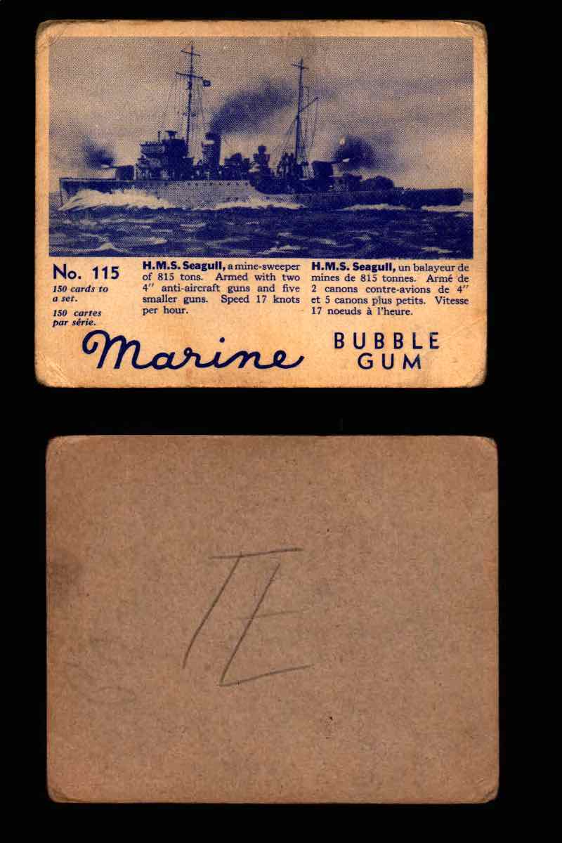 1944 Marine Bubble Gum World Wide V403-1 Vintage Trading Card #1-120 Singles #115 H.M.S. Seagull  - TvMovieCards.com