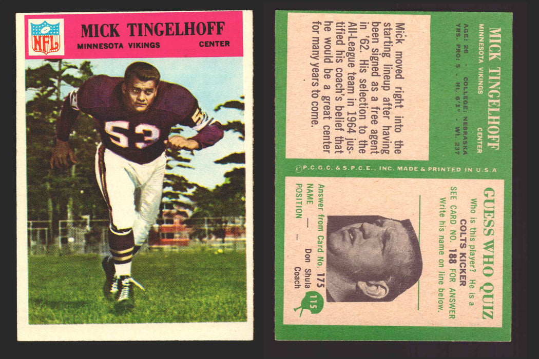 1966 Philadelphia Football NFL Trading Card You Pick Singles #100-196 VG/EX 115 Mick Tingelhoff - Minnesota Vikings  - TvMovieCards.com