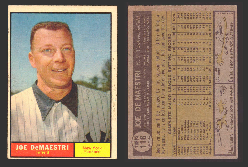 1961 Topps Baseball Trading Card You Pick Singles #100-#199 VG/EX #	116 Joe DeMaestri - New York Yankees  - TvMovieCards.com