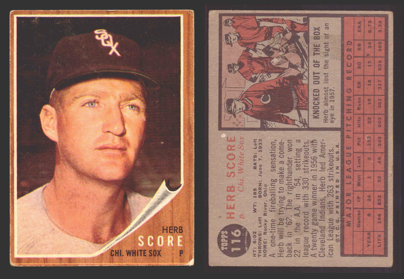 1962 Topps Baseball Trading Card You Pick Singles #100-#199 VG/EX #	116 Herb Score - Chicago White Sox (creased)  - TvMovieCards.com