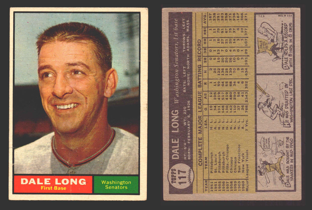 1961 Topps Baseball Trading Card You Pick Singles #100-#199 VG/EX #	117 Dale Long - Washington Senators  - TvMovieCards.com