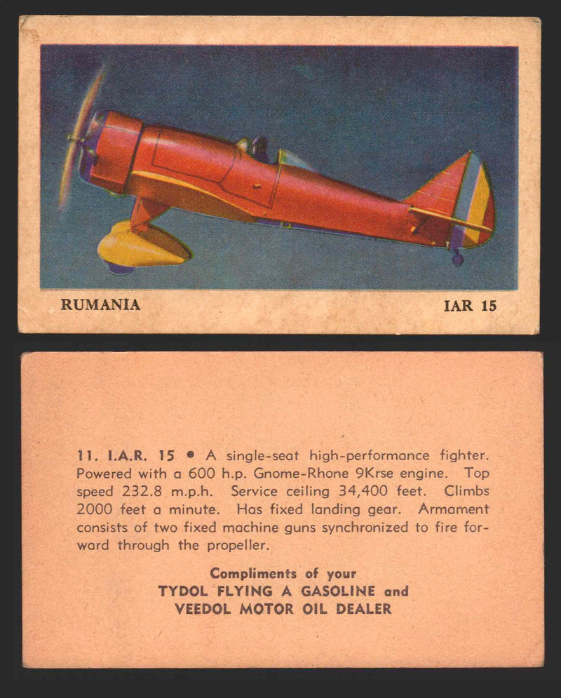 1940 Tydol Aeroplanes Flying A Gasoline You Pick Single Trading Card #1-40 #	11	I.A.R. 15  - TvMovieCards.com