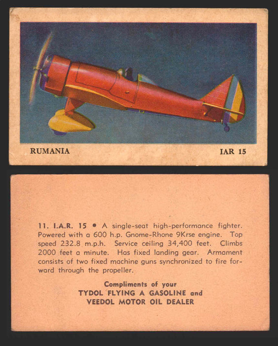 1940 Tydol Aeroplanes Flying A Gasoline You Pick Single Trading Card #1-40 #	11	I.A.R. 15  - TvMovieCards.com