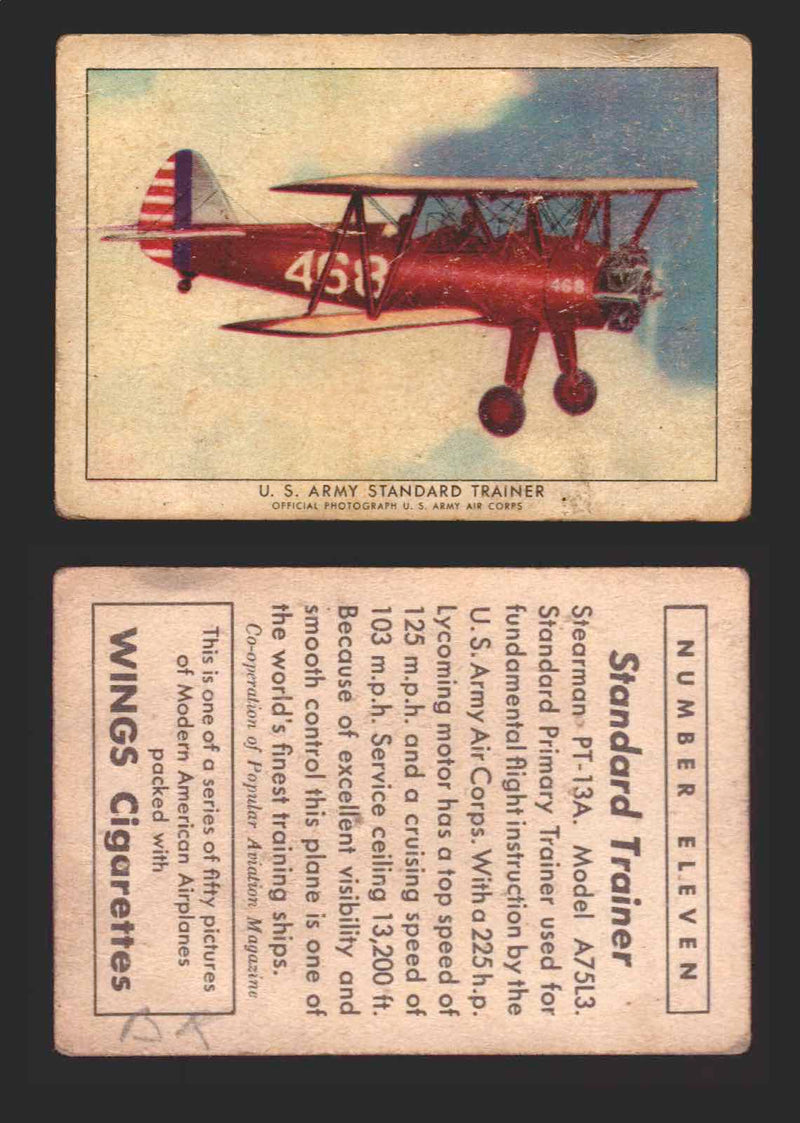 1940 Wings Cigarettes Modern Airplanes Series A B C You Pick Single Trading Card #11 US Army Standard Trainer - TvMovieCards.com