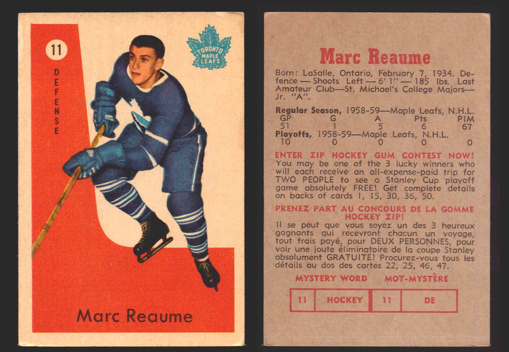 1959-60 Parkhurst Hockey NHL Trading Card You Pick Single Cards #1 - 50 NM/VG #11 Marc Reaume  - TvMovieCards.com