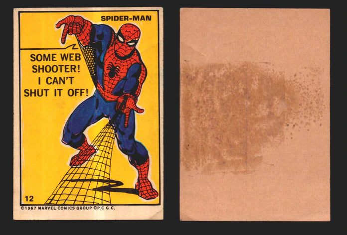 1967 Philadelphia Gum Marvel Super Hero Stickers Vintage You Pick Singles #1-55 12   Spider-Man - Some web shooter! I can't shut it off!  - TvMovieCards.com