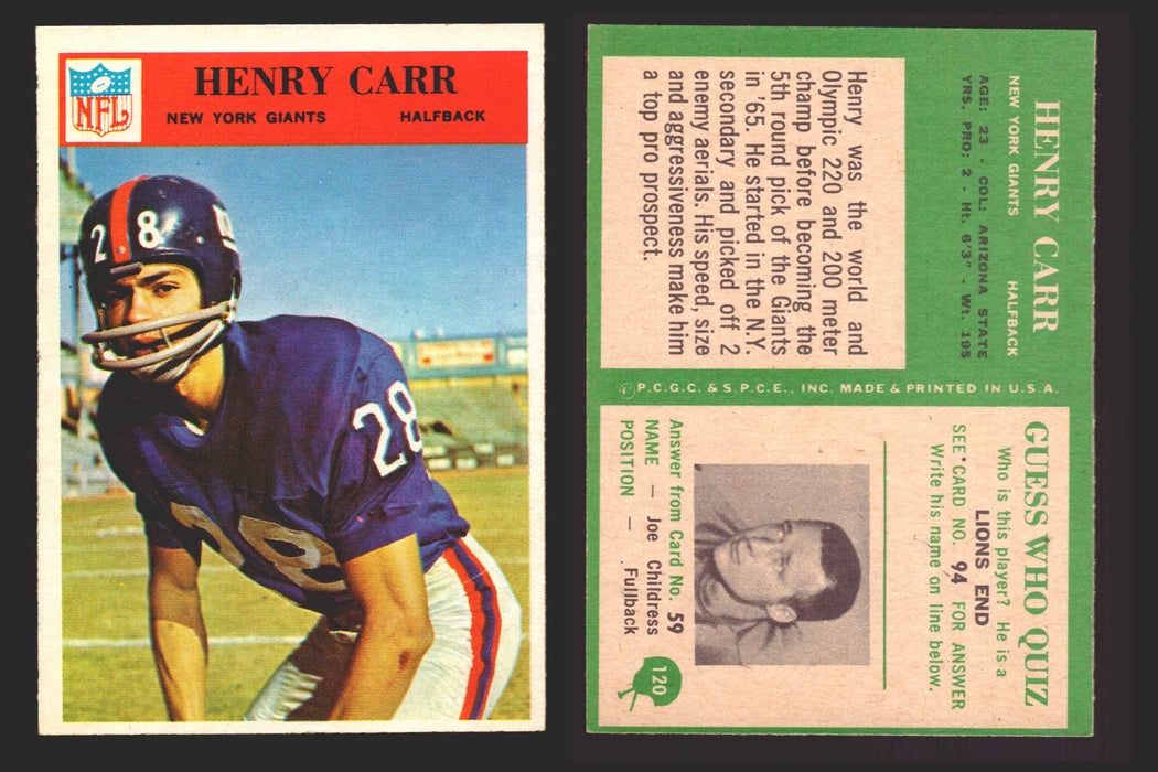 1966 Philadelphia Football NFL Trading Card You Pick Singles #100-196 VG/EX 120 Henry Carr  - New York Giants RC  - TvMovieCards.com