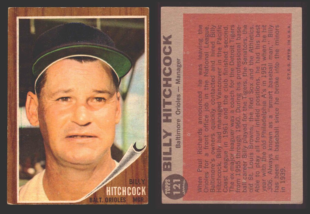 1962 Topps Baseball Trading Card You Pick Singles #100-#199 VG/EX #	121 Billy Hitchcock - Baltimore Orioles  - TvMovieCards.com