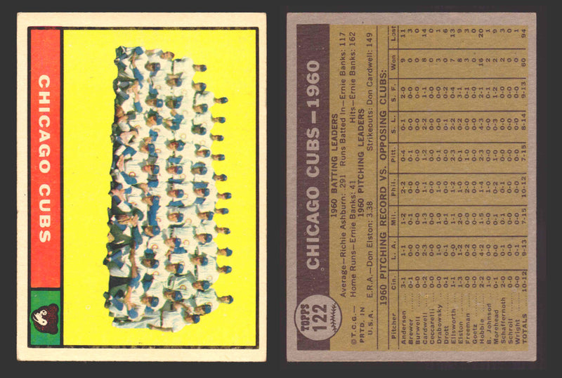 1961 Topps Baseball Trading Card You Pick Singles #100-#199 VG/EX #	122 Chicago Cubs Team  - TvMovieCards.com