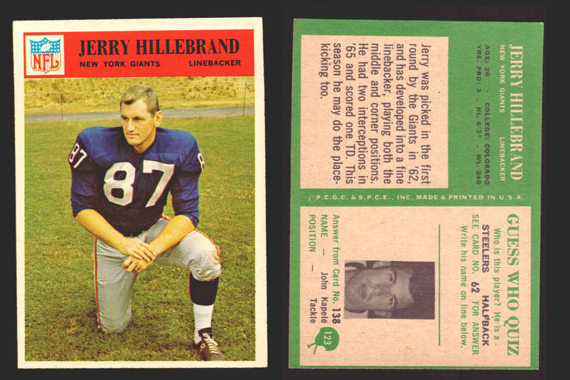 1966 Philadelphia Football NFL Trading Card You Pick Singles #100-196 VG/EX 123 Jerry Hillebrand - New York Giants  - TvMovieCards.com